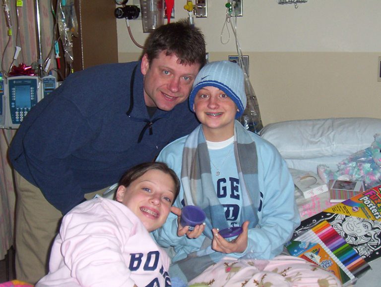 Brittany, her father (David), and younger sister (Alexis) on Christmas Day. Alexis is now a Pediatric Oncology nurse at Golisano Children's Hospital. She was inspired by the nurses who cared for Brittany.