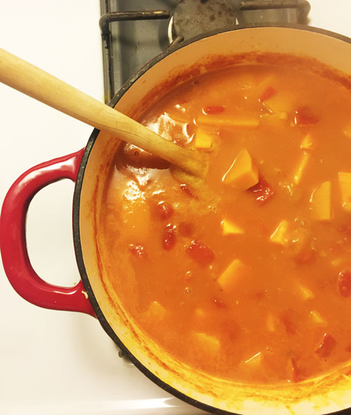 Turmeric is an ingredient in a buttnernut, sweet potato and red lentil stew