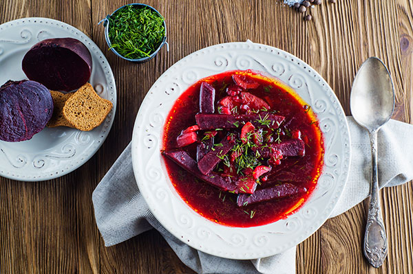 Vegetable pigments make beet soup beautiful and delicious.