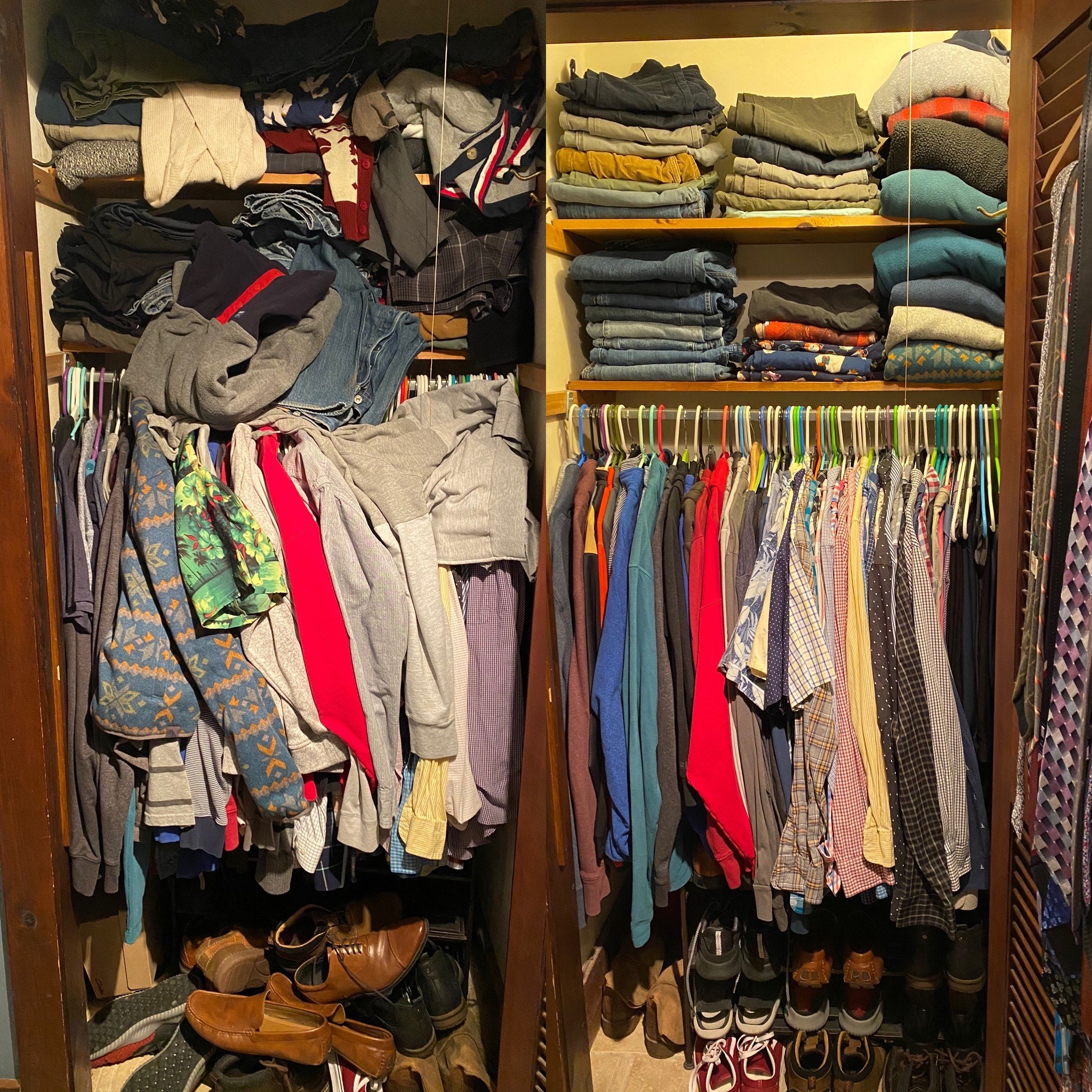 Picture of a before and after of a messy closet organization project